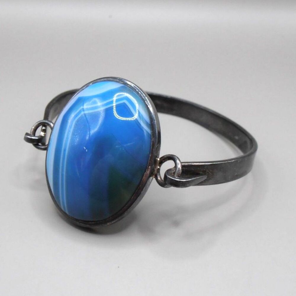 Sterling Silver 925 Blue Agate Cuff Bracelet – Oval Cabochon, Vintage Vibe 💙